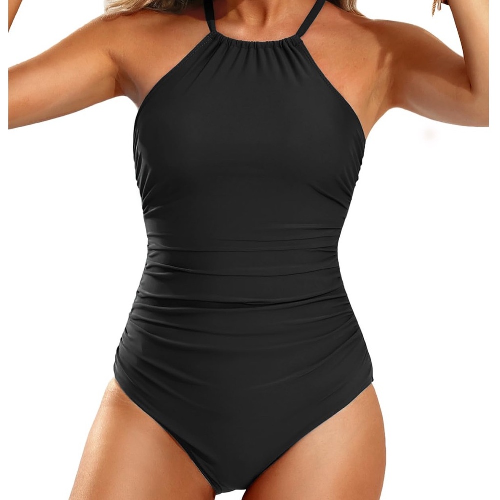 Elegant Black Halter One-Piece Tummy control Swimsuit